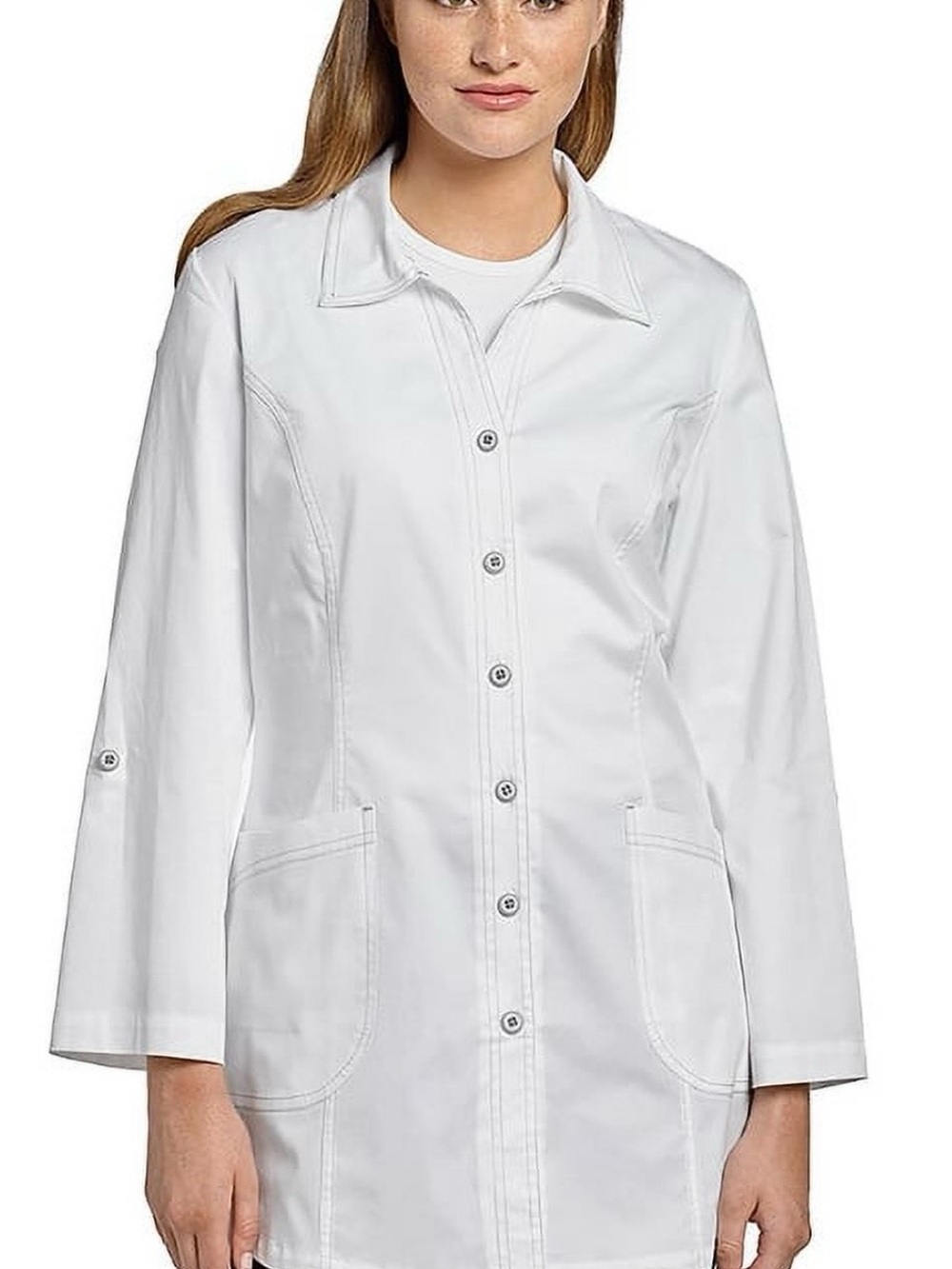 Allure Women's White Button-Front Lab Jacket has a small stain see pic